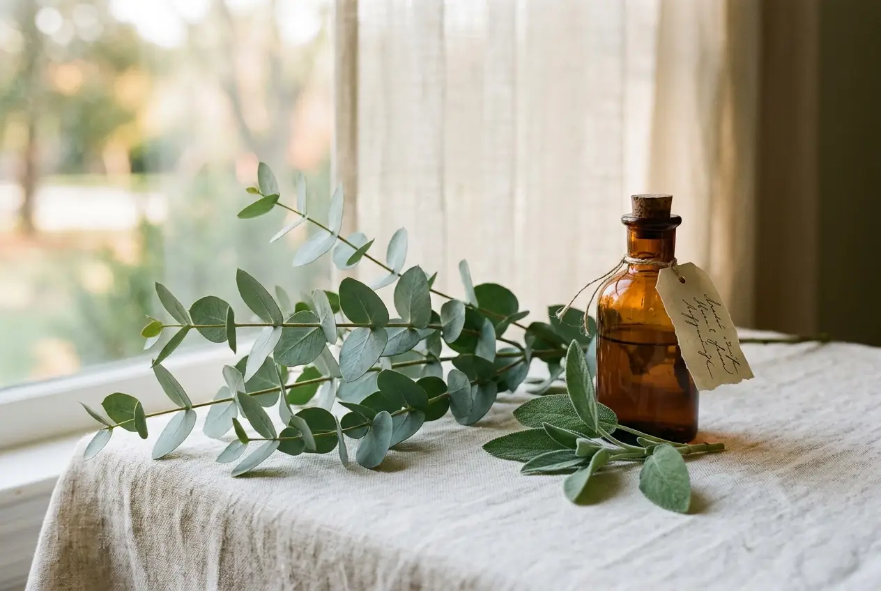 Eucalyptus, sauge et flacon d'apothicaire sur du lin